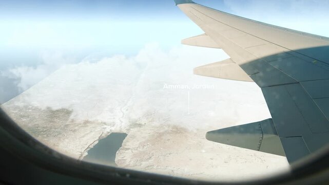 Airplane Flying over Amman, Jordan and Clouds. Aerial Airplane scenes. Jet Flying Over City. Aerial City Animation &ndash; Vox Style Map Animation in 4K