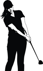 High contrast black and white silhouette illustration of a female golfer in a cap holding a golf club while preparing for a swing in a clean minimalist sports style AI Generative
