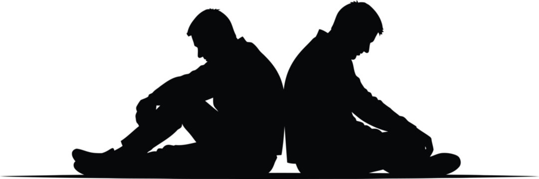 Black silhouette illustration of two men sitting back-to-back on the floor representing sadness, depression, loneliness, conflict, grief, and emotional distance in a clean minimalist AI Generative