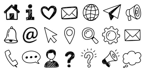 A comprehensive set of hand drawn contact and communication icons featuring a home, mail envelope, globe, paper plane, map pin, cursor, gear, and light bulb. © Melissa J. Abrams