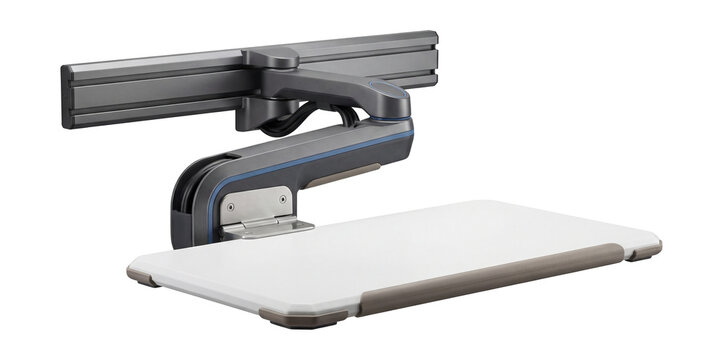Wall-mounted workstation with pivoting arm and collapsible desk surface.