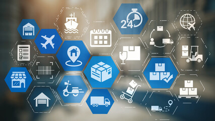 Naklejka premium Goods delivery tracking icons show shipping, goods delivery routes, and logistics monitoring. Goods delivery tracking ensures timely goods delivery, secure handling, and accurate tracking. Gist