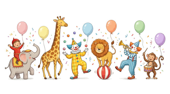 Colorful Circus Vector Illustration | Elephant, Giraffe, Clown, Lion, Monkey, Balloons, and Confetti Vector Art for Entertainment, Children&rsquo;s Party, Festival, and Creative Design Projects