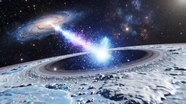 Cosmic Fusion: A mesmerizing view of a celestial event unfolds, depicting the collision of galaxies, unveiling a brilliant display of energy and the cosmic dance of creation.