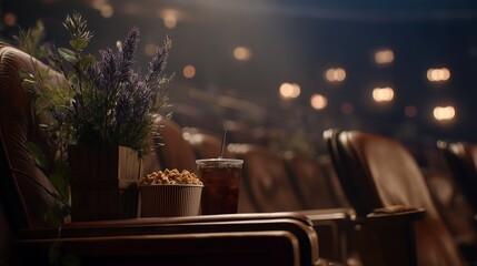 Cinematic Theater Scene with Popcorn and Foliage