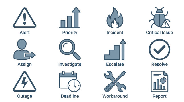 Incident Management Vector Icons Set | Alert, Priority, Critical Issue, Assign, Investigate, Escalate, Resolve, Outage, Deadline, Workaround, Report IT Service Graphics