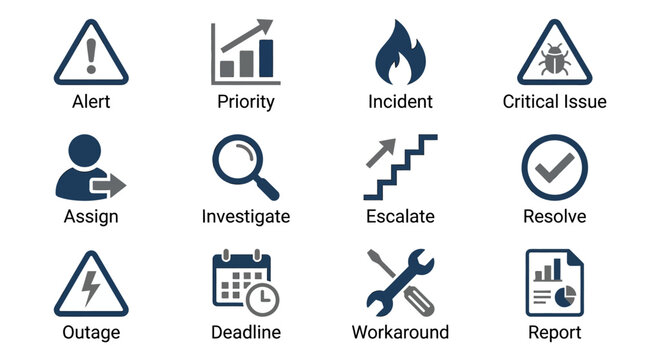 Incident Management Vector Icons Set | Alert, Priority, Critical Issue, Assign, Investigate, Escalate, Resolve, Outage, Deadline, Workaround, Report IT Service Graphics