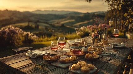 Countryside Sunset Dining Table with Wine and Pastries
