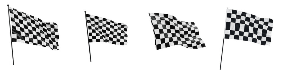 Fototapeta premium Checkered Race Flags Set, Waving Black and White Finish Line Flags on Poles, Auto Racing and Motorsport Competition Symbols, Sports Victory Icon PNG