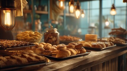 Cozy Bakery Interior with Pastry Display.