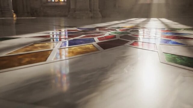 Bright Stained Glass Illuminates Sacred Space. Sundappled Marble Floors With Vibrant Window Patterns. Illuminated Cathedral Interior Features Marble Tiles And Stained Glass Artwork
