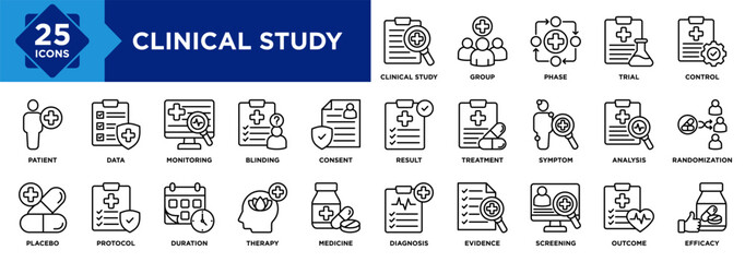 Clinical study icon set collection. an icon pack contain trial, patient, placebo, control, protocol, data, group, phase, result