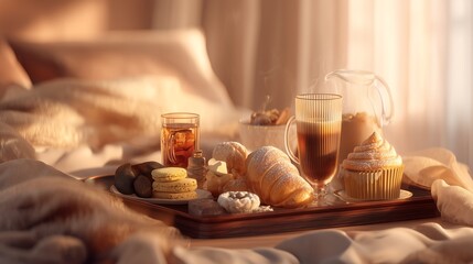 Cozy Breakfast in Bed with Pastries and Coffee