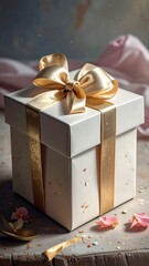 Elegantly wrapped white gift box adorned with a gold ribbon on a textured surface