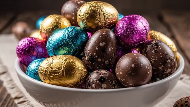 Vivid Chocolate Eggs. Colorful Foilwrapped Easter Treats. Assorted Speckled And Shiny Chocolate Eggs In Bowl. Bright Foilcovered Confections Arranged In White Ceramic Dish For Celebration