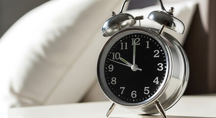 Naklejka premium Close-up of a classic, shiny alarm clock on a bedside table, soft pillows in background