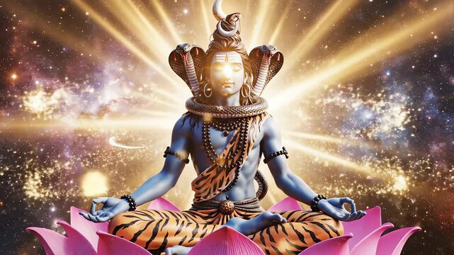 Lord Shiva Meditating in Cosmic Galaxy on Pink Lotus Flower