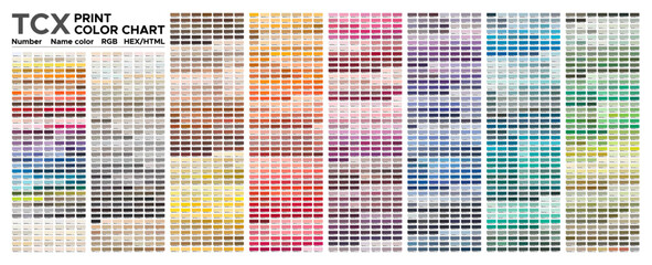 Color chart of fashion, home, and interior color palette for cotton test printing. With numbers, swatch name, RGB, HTML, and HEX © wild