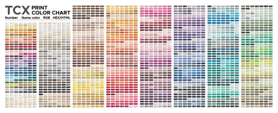 Color chart of fashion, home, and interior color palette for cotton test printing. With numbers, swatch name, RGB, HTML, and HEX