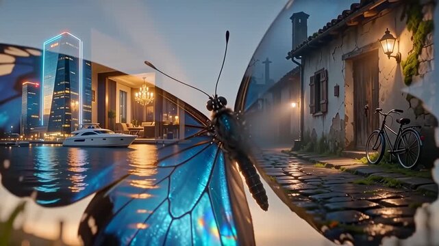 Double exposure on the wings of a flying butterfly. The concept of the contrast between luxury living and poverty