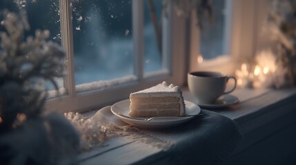 Window Scene with Cake and Coffee