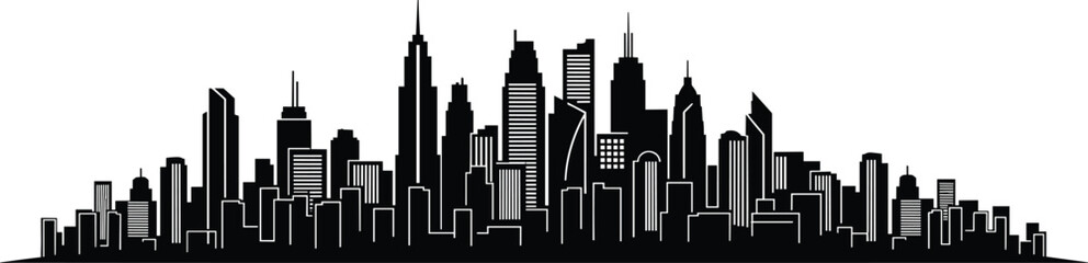 Black and white city skyline with tall buildings and skyscrapers