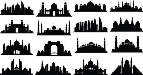 Collection of black and white silhouette of various architectural landmarks and city skylines © allustra