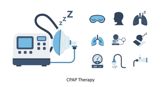 CPAP machine illustration for sleep apnea treatment and respiratory health. This vector set features a medical mask, lungs, and sleep disorder icons, representing healthcare technology and patient car