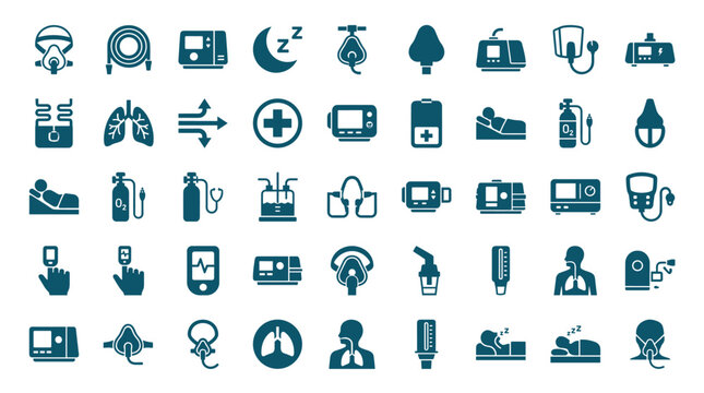Comprehensive collection of 45 medical icons and symbols focused on respiratory health, sleep apnea treatment, and oxygen therapy. This flat design set includes CPAP masks, oxygen tanks, lung anatomy,