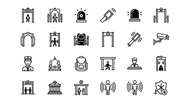 Security icon set featuring 24 minimalist black and white line vector illustrations of metal detectors, surveillance cameras, security guards, and safety equipment. This collection represents public s