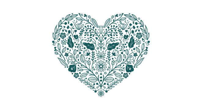 Teal floral heart illustration featuring symmetrical botanical patterns of leaves, vines, and flowers on a white background. This minimalist folk art design captures themes of love, nature, and romanc