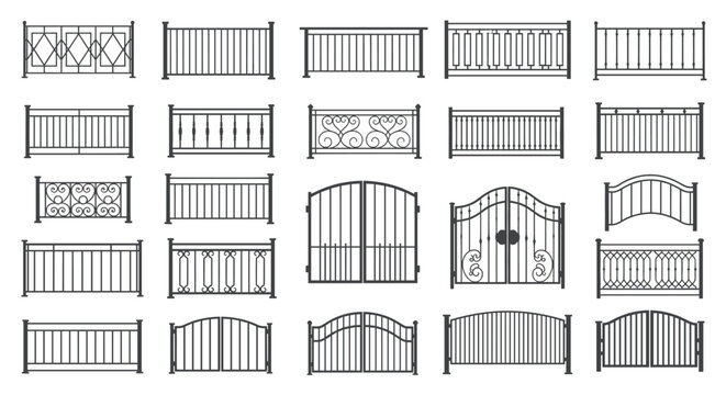 Metal fence, gate, and railing vector silhouettes collection featuring diverse architectural designs for security and home improvement. This comprehensive set includes wrought iron patterns, forged me