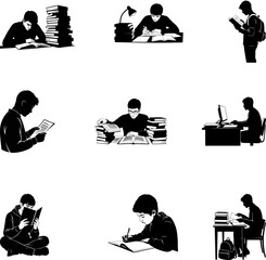 Silhouette illustrations of a person reading and writing in various positions