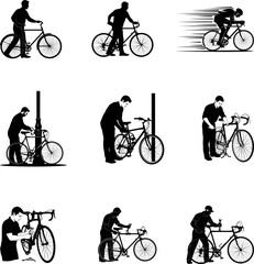 Obraz premium Illustrations of a person performing various actions with a bicycle