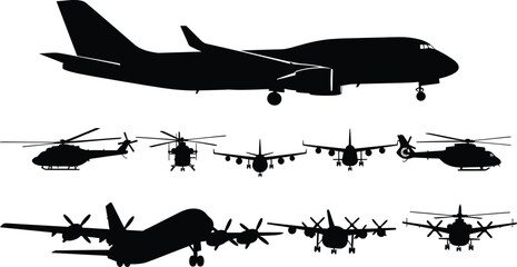 Silhouettes of various military aircraft including planes and helicopters airplane © allustra