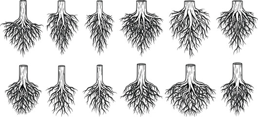 Ten black and white tree root systems with intricate branching patterns tree roots intricate patterns © allustra