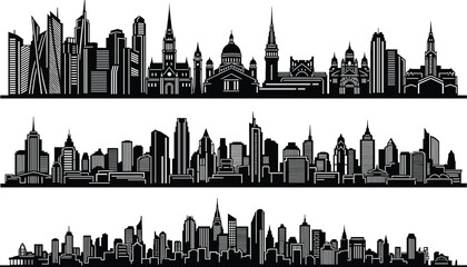 Three black and white city skyline with various buildings and architectural styles skyscrapers churches © allustra