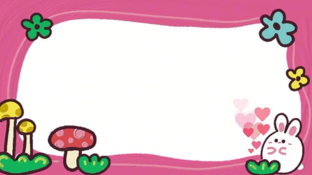 Cute cartoon rabbit and flowers on pink background with mushrooms and hearts, digital illustration