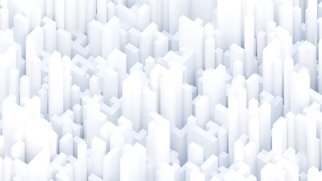 Abstract 3D render of white geometric blocks and pillars forming a dense cityscape-like pattern, creating a modern minimal architectural background with depth and shadows