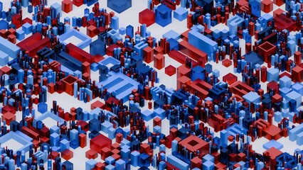 Abstract isometric 3D cityscape of red and blue blocks and towers, forming a dense futuristic urban grid with geometric cubes, streets, and high-rise structures