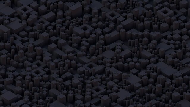 Abstract 3D render of dark cubic blocks in varying sizes, forming a dense geometric pattern with depth, shadows, and isometric perspective; no visible text