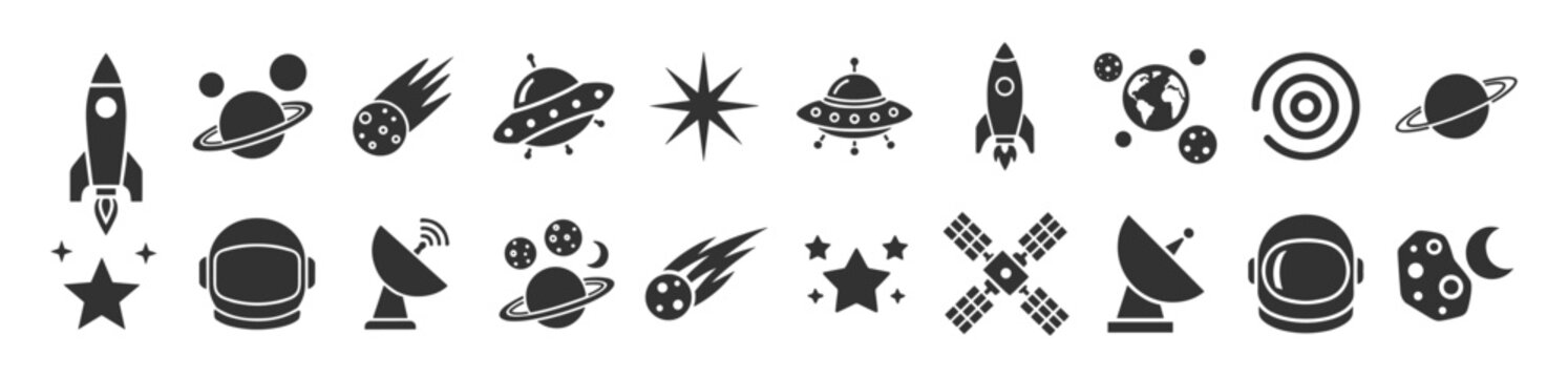 Space and universe icon set, rocket planet astronaut satellite and galaxy silhouette symbols isolated on transparent background