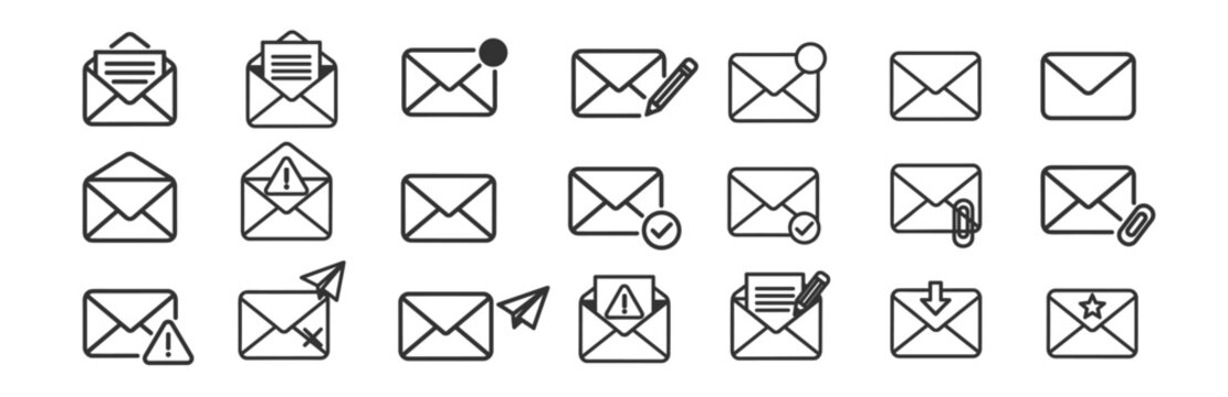 Mail and email outline icon set, envelope message inbox and attachment vector icons isolated on transparent background