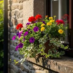 Colorful flowers in a pot on a stone windowsill with a rustic stone wall background, captured from a slightly angled viewpoint.