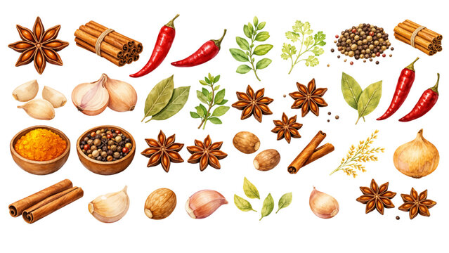 A charming watercolor collection of a indian spices, including star anise, cinnamon sticks, red chili peppers, garlic cloves, bay leaves, and mixed peppercorns.
