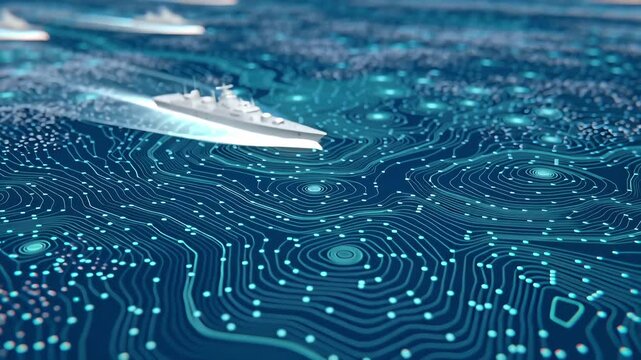 Miniature warship fleet on topography map, Military Combat Strategy Planning, Navy Force Mission 3D render hologram Model