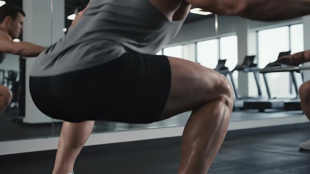 Powerful Man Squatting Leg Muscles Workout in Modern Fitness Gym