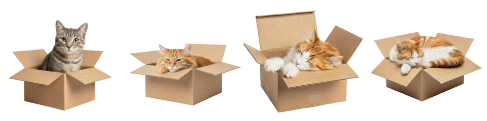 Playful Cats in Cardboard Boxes, Domestic Kittens Hiding and Resting in Shipping Packages, Pet Care and Animal Behavior Graphics, Isolated Feline PNG © Qariseb