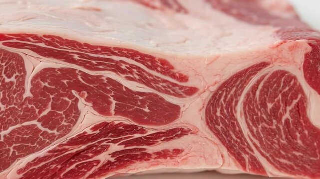 Raw beef cut showing marbling and texture close-up on a butchered animal