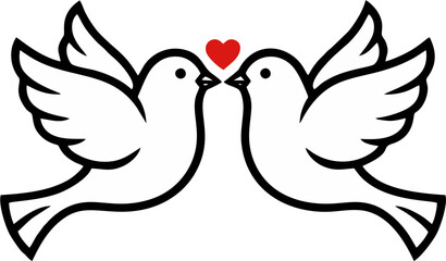 Fototapeta premium Love Doves Couple with Red Heart — Minimalist Line Art Vector Icon on White Background
